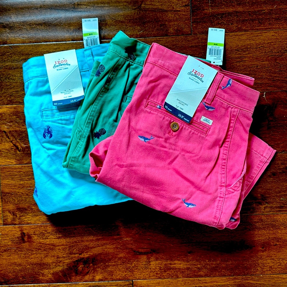 3 NWT Izod summer print flat front shorts size 30